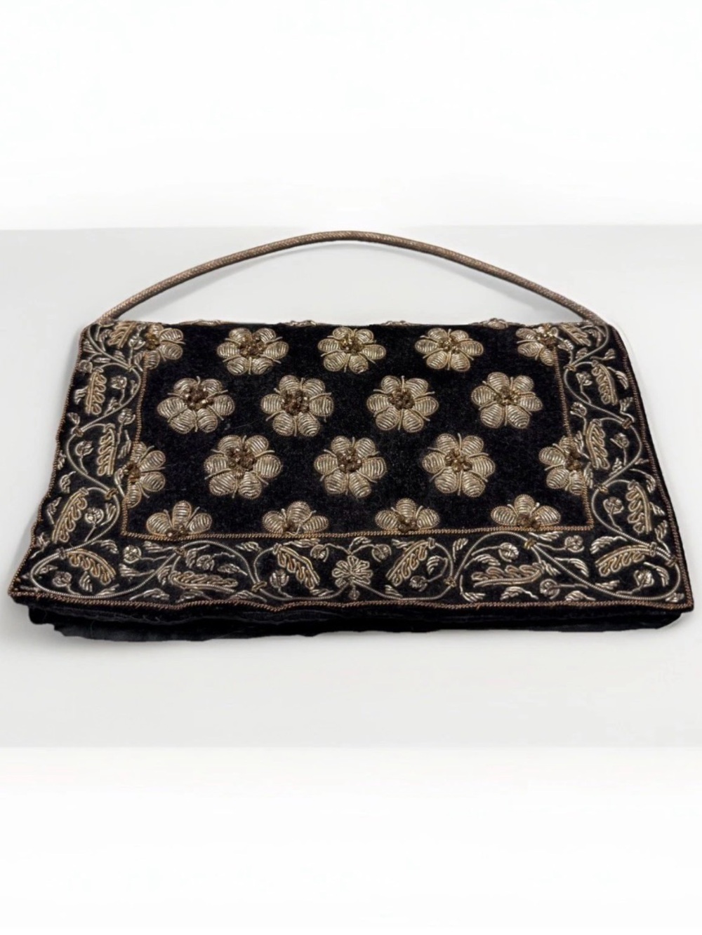 Vintage Velvet Purse metal thread silver and gold Embroidered Flowers clutch